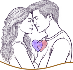 The couple close together, their hearts overlapping