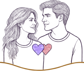 Side by side, smiling at each other, hearts touching
